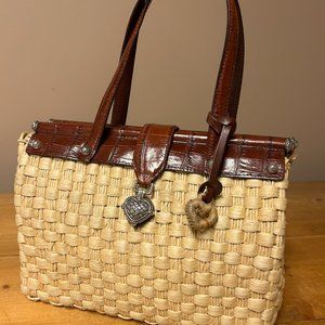 Vintage Charm: Brighton Woven Straw Satchel with Leather Handles and Heart Logo